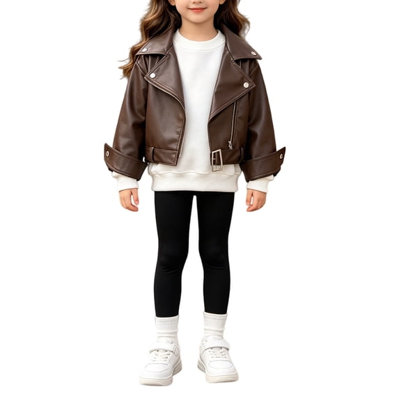GiLiling Girls PU Leather Moto Jacket Soft Faux Leather Cropped with Notched Collar Coat Biker Jacket for Toddler to Kids (Coffee, 3-4 Years)