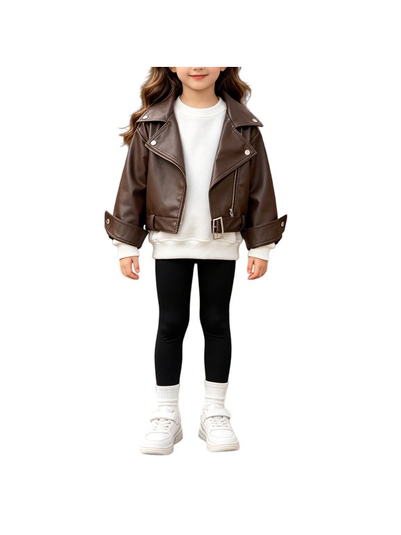 Girls PU Leather Moto Jacket Soft Faux Leather Cropped with Notched Collar Coat Biker Jacket for Toddler to Kids (Coffee, 8-9 Years)