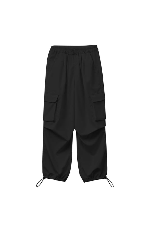 Girls Parachute Cargo Pants, Elastic Waist Quick Dry Lightweight Baggy Hiking Pants with Pockets (Black, 9-10 Years)