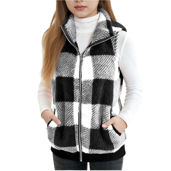 GiLiling Girls Plaid Fleece Vest Fuzzy Sleeveless Cardigan Fuzzy Sherpa Outerwear Casual Fluffy Jacket Open Front Warm Clothes (Black, 15-16 Years)