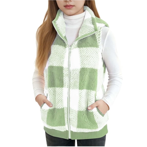 GiLiling Girls Plaid Fleece Vest Fuzzy Sleeveless Cardigan Fuzzy Sherpa Outerwear Casual Fluffy Jacket Open Front Warm Clothes (Light Green, 15-16 Years)