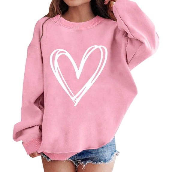 GiLiling Girls Preppy Heart Sweatshirt, Cute Oversized Pullover, Kids Valentine's Day Graphic Crewneck Athletic Sweater with Pocket (Pink, 11-12 Years)