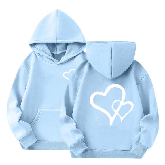 GiLiling Girls Preppy Heart Sweatshirt, Oversized Pullover Sweatshirt, Kids Fall Winter Long Sleeve Cute Print, Trendy Hoodie (Light Blue, 12-13 Years)