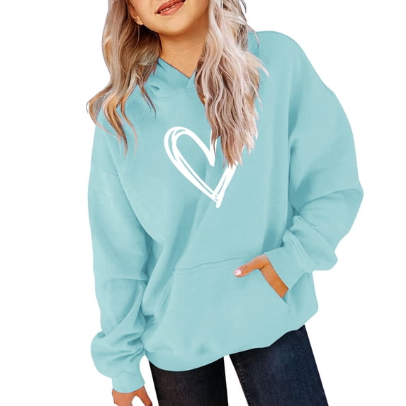 GiLiling Girls Preppy Heart Sweatshirt, Oversized Pullover Sweatshirt, Kids Fall Winter Long Sleeve Cute Trendy Hoodie (Light Blue, 4-5 Years)