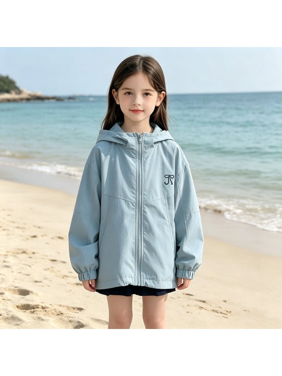 Girls Rain Jacket with Bow Kids Lightweight Hooded Windbreaker Rain Coats Outdoor Zip up Waterproof Raincoat (Light Blue, 9-10 Years)