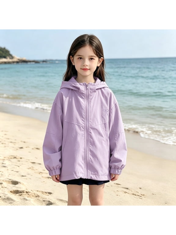 Girls Rain Jacket with Bow Kids Lightweight Hooded Windbreaker Rain Coats Outdoor Zip up Waterproof Raincoat (Light Violet, 5-6 Years)