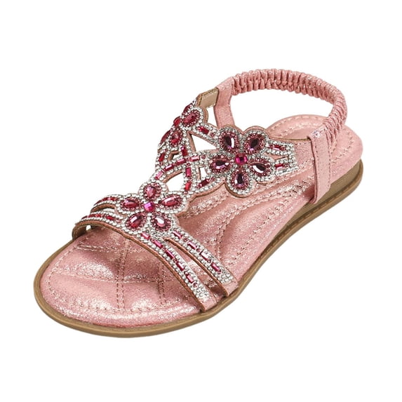 GiLiling Girls Rhinestone Flower Glitter Sandals, Elastic Slingback Open Toe Flat Shoes, Non Slip Summer Dress Sandals for Toddler Kids (PinK2, 6-7 Years)