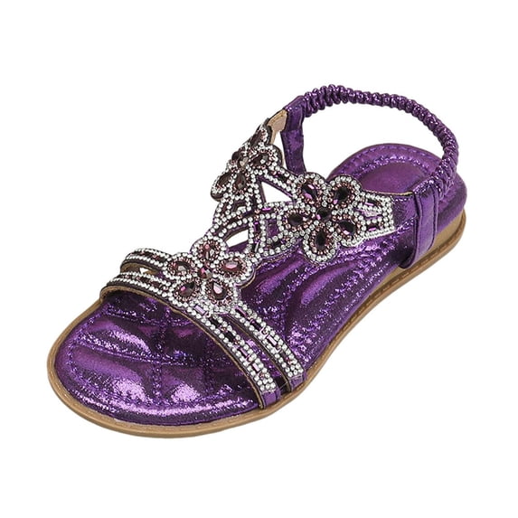 GiLiling Girls Rhinestone Flower Glitter Sandals, Elastic Slingback Open Toe Flat Shoes, Non Slip Summer Dress Sandals for Toddler Kids (Purple, 8-9 Years)