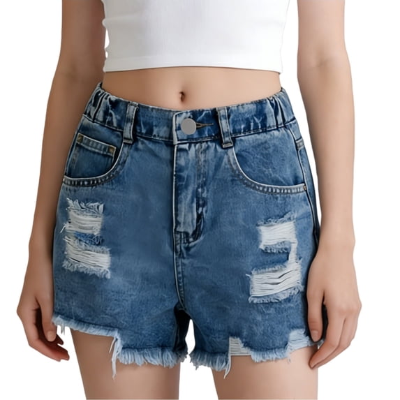 GiLiling Girls Ripped Denim Jean Shorts Mid Waist Straight Leg Elastic Waistband Distressed Frayed Hem Casual Summer Jorts for Kids Teens (Blue, 7-8 Years)