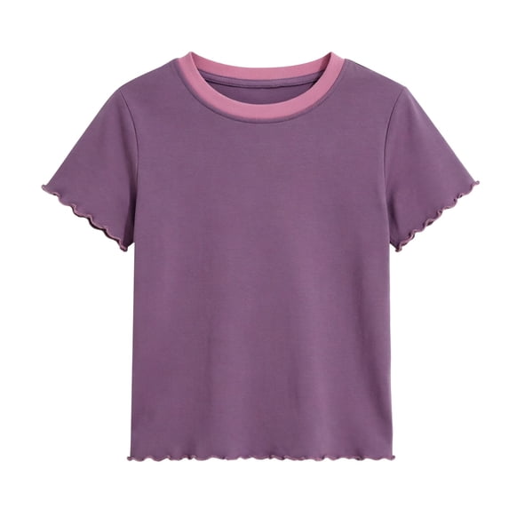 GiLiling Girls Ruffle Short Sleeve T Shirt Lettuce Trim Crew Neck Top Basic Tee Cute Casual Shirt for Kids Teens Summer (Purple, 4-6 Years)