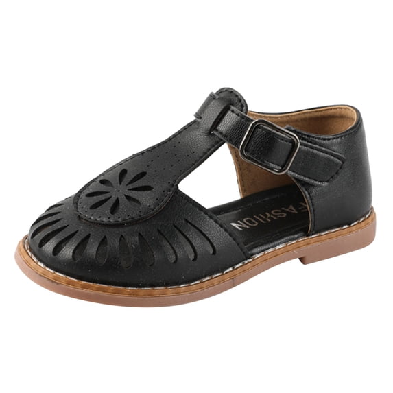 GiLiling Girls Sandals, Cut-Out Closed-Toe Floral Detail Sandals with Adjustable Buckle T-Strap, Flat Rubber Sole Breathable Summer Casual Shoes (Black, 8-9 Years)