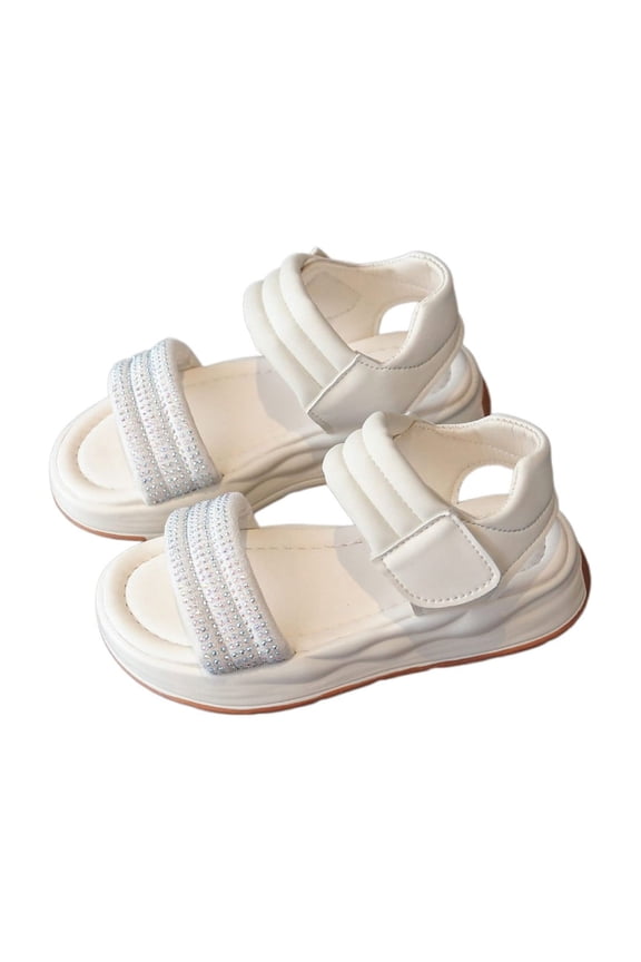 Girls Sandals, Girls Open-Toe Platform Sandals, Rhinestone-Embellished Strap, Lightweight PU Leather Casual Shoes for Summer Beach Wear (Beige, 3.5-4 Years)