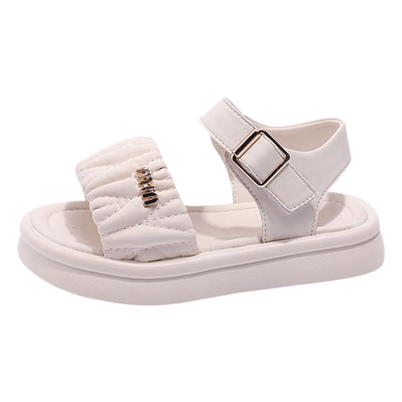 GiLiling Girls Sandals, Girls Open-Toe Platform Sandals, Ruched Strap Adjustable Buckle Strap, Soft PU Casual Shoes for Summer Beach (White, 6-7 Years)