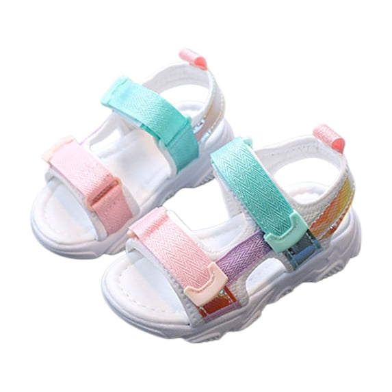 GiLiling Girls Sandals, Girls Open-Toe Sport Sandals, Multicolor Straps Adjustable Hook-and-Loop, Non-Slip Chunky Sole Casual Shoes for Summer Beach Wear (White, 18-24 Months)