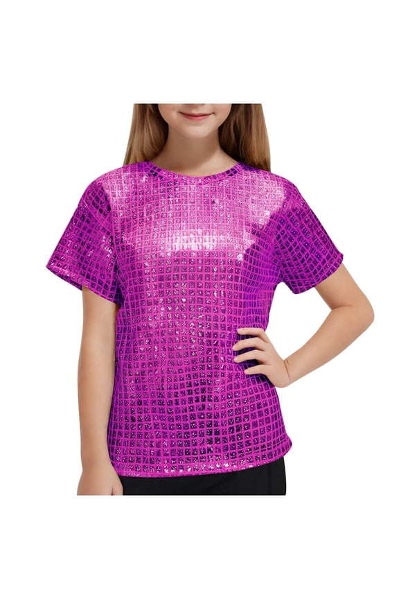 Girls Sequin Dance Metallic Shimmer Short Sleeve Glitter Crewneck Tee for Stage Wear (Hot Pink, 9-10 Years)