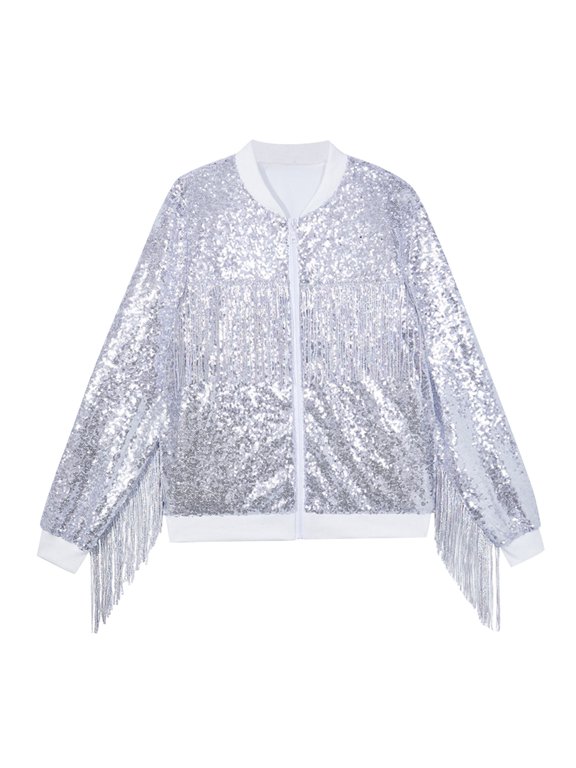 Girls Sequin Jacket with Tassel Glitter Zip up Shiny Tops Kids Long Sleeve Baseball Coat Toddler Fall Winter Casual Outerwear (Silver, 18-24 Months)