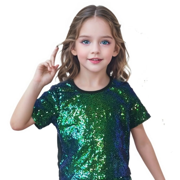 GiLiling Girls Sequin Performance T Shirt Short Sleeved Summer Lightweight Comfy Soft Casual Round Neck Top (Green, 7-10 Years)
