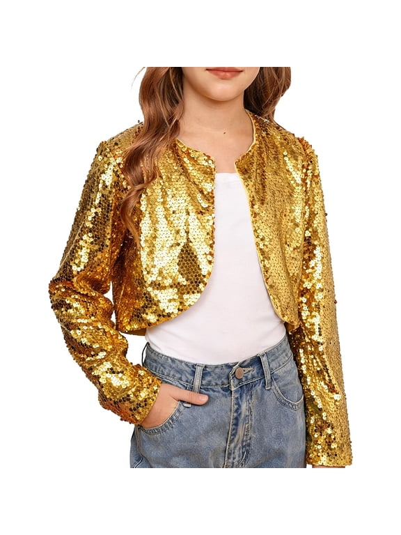 Girls Sequin Shrug Jacket Long Sleeve Open Front Glitter Blazer Bolero Wedding Party Sparkly Cropped Cardigan (Gold, 7-8 Years)