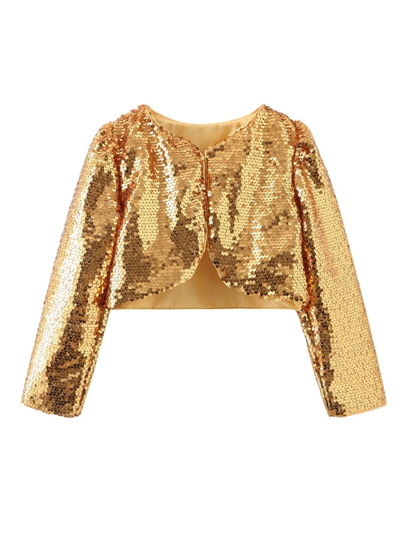 Girls Sequin Shrug Jacket Long Sleeve Open Front Glitter Blazer Bolero Wedding Party Sparkly Cropped Cardigan (Gold, 9-10 Years)