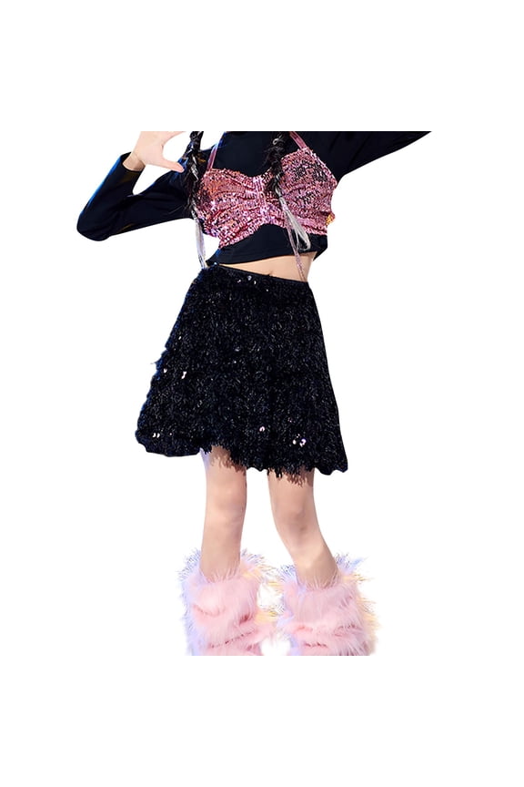 Girls' Sequin Skirts, Mini Skirt with Sparkly Fluffy Sequins, Elastic Waist A-Line Skirt for Dance Performance Casual Wear (Black, 11-12 Years)