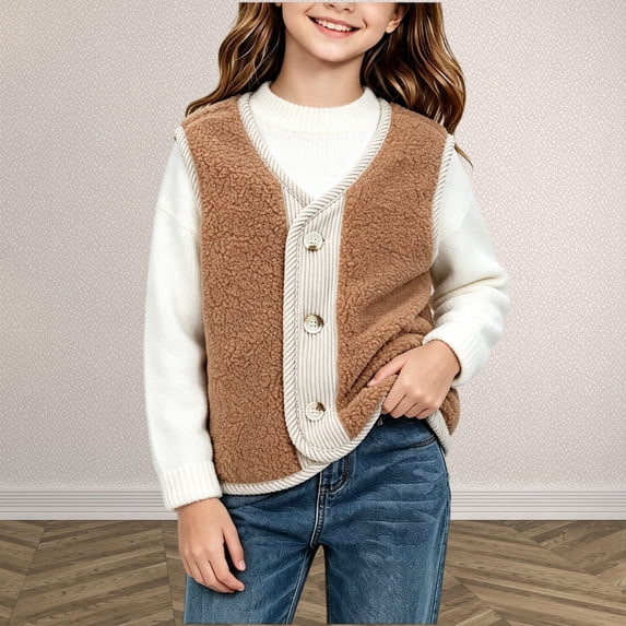 GiLiling Girls Sherpa Lightweight Button Front Sleeveless Corduroy Vest ...