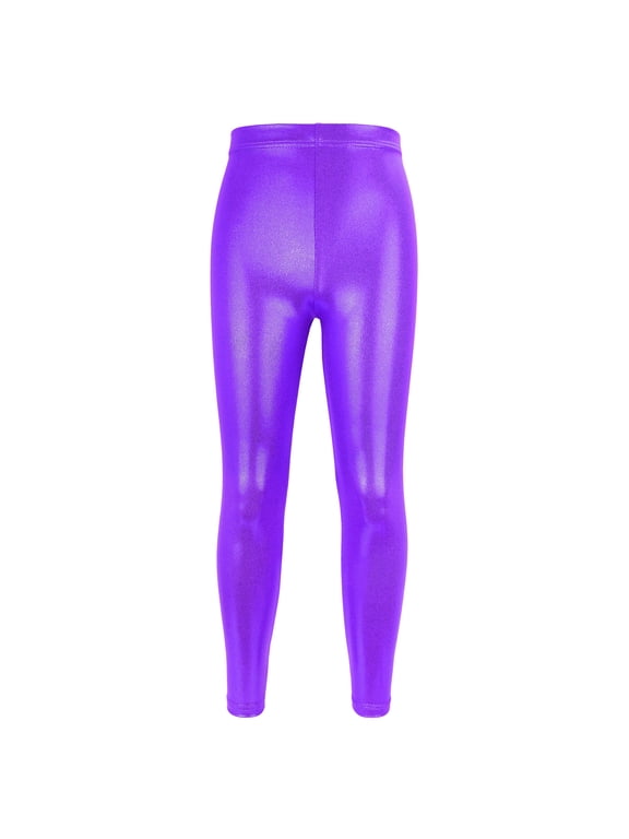 Girls Shiny Metallic Leggings Kids Stretchy Tights Ankle Length Shiny Dance Pants (Purple, 4-5 Years)
