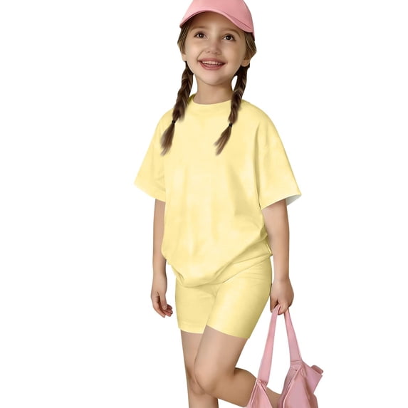 GiLiling Girls Short Sets Two Piece Outfits Summer Short Sleeve Soft T-Shirt and Lightweight Slim Shorts Comfy Sweatsuit (Light Yellow, 1-2 Years)
