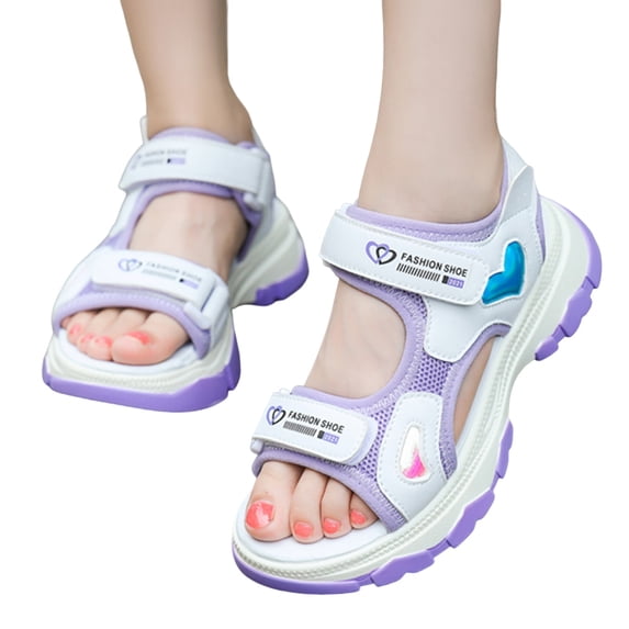 GiLiling Girls Sport Sandals, Open-Toe Adjustable Hook-and-Loop Straps, Breathable PU Mesh Upper Casual Outdoor Beach Sandals (Purple, 10-10.5 Years)