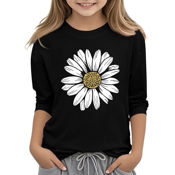 GiLiling Girls Summer 3/4 Sleeve Crewneck Sweatshirt, Floral Print Basic Blouse, Lightweight Casual Top for Warm Season Daily Outdoor Activities