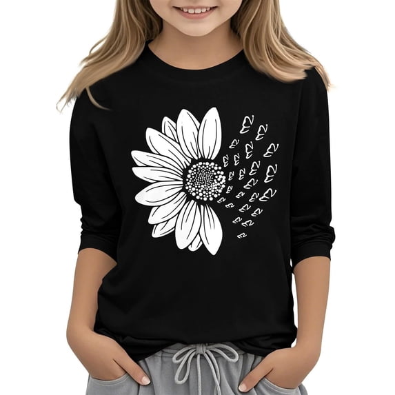 GiLiling Girls Summer 3/4 Sleeve Crewneck Sweatshirt, Floral Print Basic Blouse, Lightweight Casual Top for Warm Season Daily Outdoor Activities