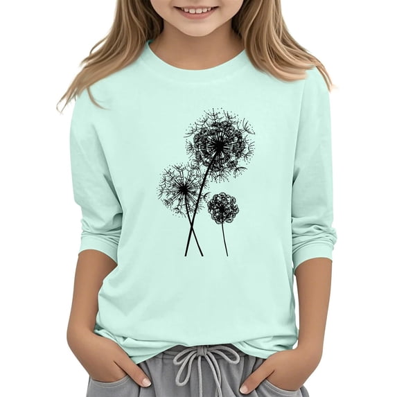 GiLiling Girls Summer 3/4 Sleeve Crewneck Sweatshirt, Floral Print Basic Blouse, Lightweight Casual Top for Warm Season Daily Outdoor Activities