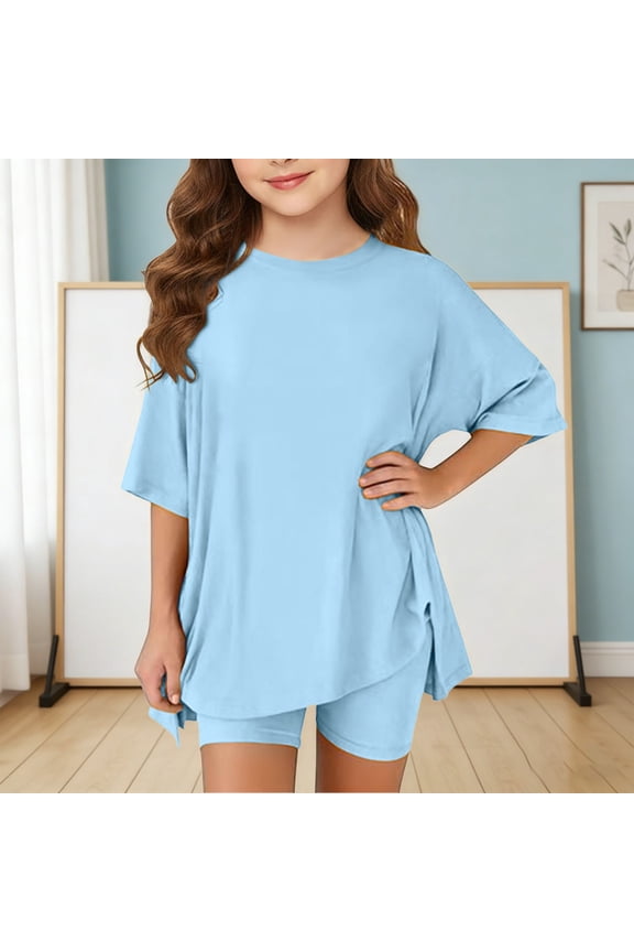 Girls Summer Casual Lounge Set Oversized Side Split Shirt and Biker Shorts 2 Piece Outfit (Light Blue, 13-14 Years)