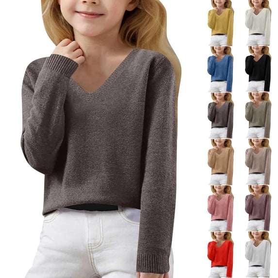 GiLiling Girls Sweaters Lightweight Cute V Neck Soft Knit Pullovers Teens Casual Loose Spring Long Sleeve Tops for Kids Girls (Coffee, 10-11 Years)