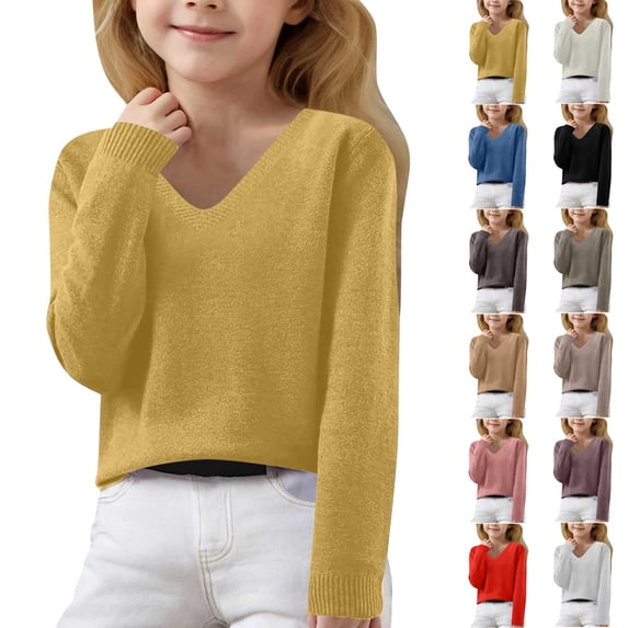 GiLiling Girls Sweaters Lightweight Cute V Neck Soft Knit Pullovers Teens Casual Loose Spring Long Sleeve Tops for Kids Girls (Yellow, 12-13 Years)