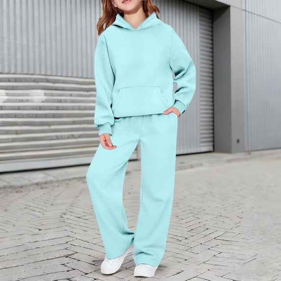 GiLiling Girls Sweatsuit Two Piece Outfits Hoodie Sweatshirt and Sweatpants Cute Jogger Set Athletic Wear for Kids (Light Blue, 13-14 Years)