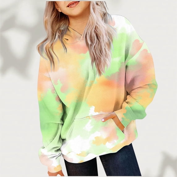 GiLiling Girls Tie Dye Hooded Sweatshirt, Oversized Long Sleeve Hoodie Pullover Top, Trendy Comfy Loose Sweatshirts for Street Casual Wear (Green, 2-3 years)
