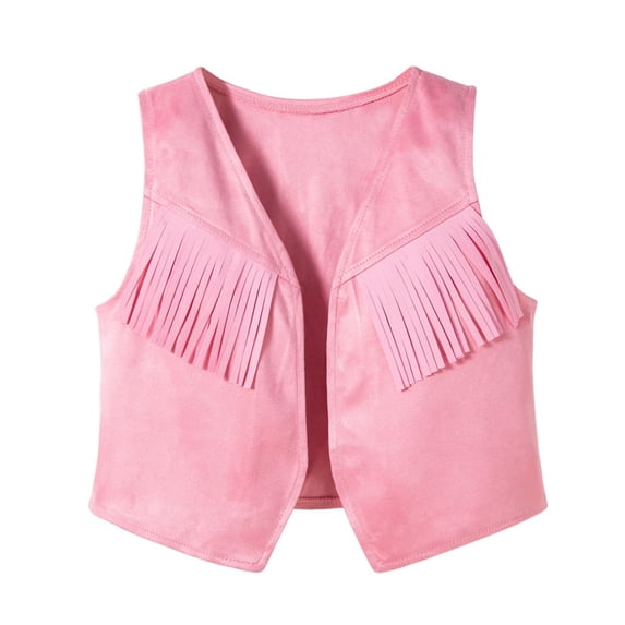 GiLiling Girls Western Cowgirl Fringe Vest Sleeveless Suede Tassels Cardigan Jacket V Neck Vintage Outfits (Pink, 5-6 Years)