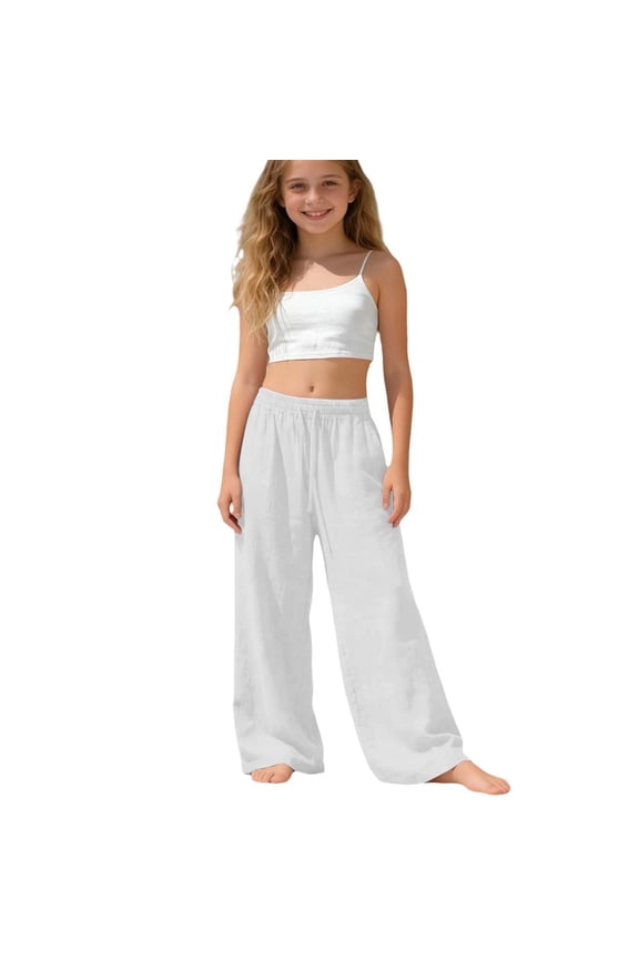 Girls Wide Leg Linen Pants, Drawstring Flowy Lounge Trousers, Loose Fit Dressy Pants with Pockets (Beige, 8-9 Years)