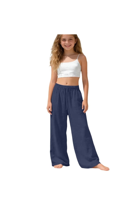 Girls Wide Leg Linen Pants, Drawstring Flowy Lounge Trousers, Loose Fit Dressy Pants with Pockets (Dark Blue, 8-9 Years)