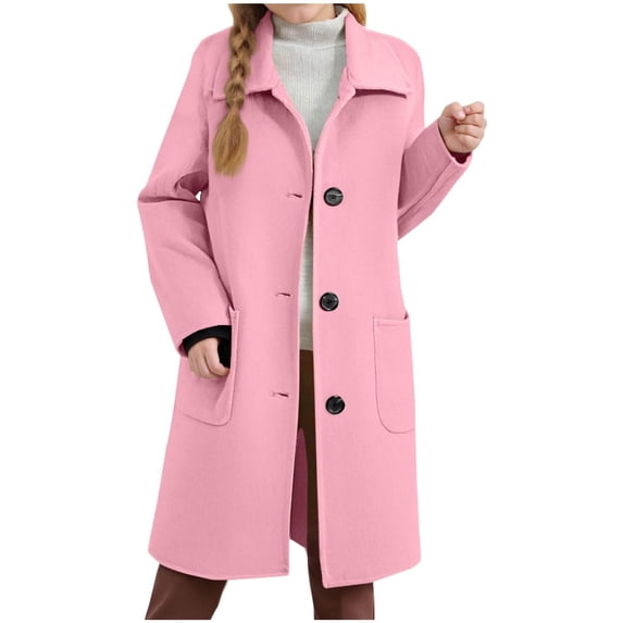 GiLiling Girls Wool Dress Coat, Fall Winter Notch Lapel Single Breasted Long Trench Coat with Pockets, Warm Pea Coat Jacket (Pink, 4-5 Years)