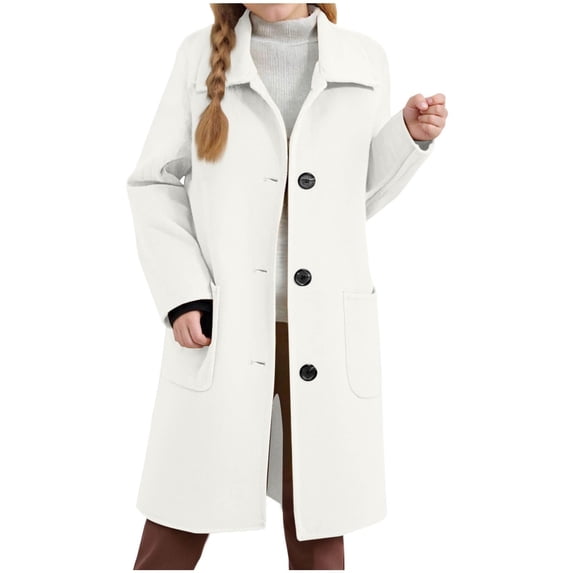GiLiling Girls Wool Dress Coat, Fall Winter Notch Lapel Single Breasted Long Trench Coat with Pockets, Warm Pea Coat Jacket (White, 4-5 Years)