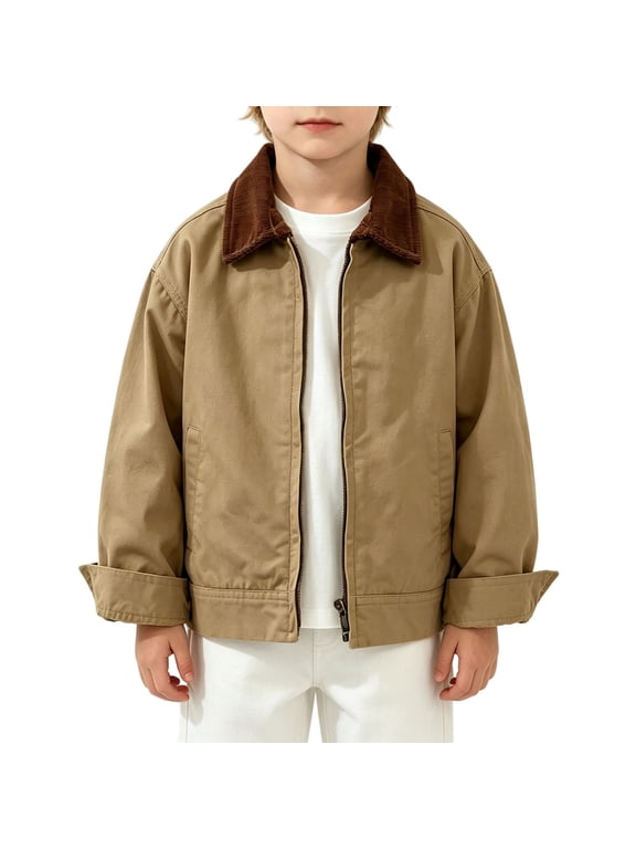 Girls and Boys Cropped Barn Jacket Corduroy Collar Lightweight Utility Zip up Coat Cotton Fall Winter Clothes (Khaki, 5-6 Years)
