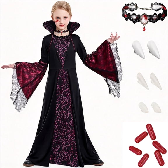 GiLiling Gothic Royal Vampire Dress-Up Outfit for Girls Witch Dress with Choker and Collar Long Sleeve with Accessories for Halloween (Dark Purple, 7-8 years)