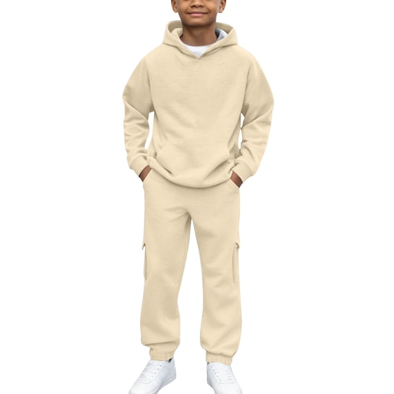 GiLiling Hoodie Sweatsuit Set for Boys Girls 2 Piece Hooded Sweatshirt Jogger Sweatpants Tracksuit Kids Athletic Solid Outfits (Beige, 9-10 Years)