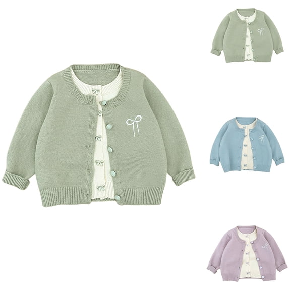 GiLiling Infant Baby Bowknot Embroidery Knit Cardigan, Ribbed Long Sleeve Button Down Thermal Sweater, Loose Casual Fall Winter Daily Knit Outerwear Tops (Green, 18-24 Months)