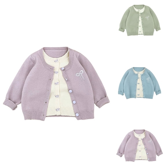 GiLiling Infant Baby Bowknot Embroidery Knit Cardigan, Ribbed Long Sleeve Button Down Thermal Sweater, Loose Casual Fall Winter Daily Knit Outerwear Tops (Purple, 3-4 Years)