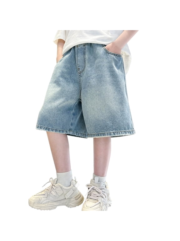 Jorts for Kids Boys Baggy Jean Shorts Retro Denim Shorts Elastic Waist Loose Hip Hop Jorts with Pockets (Light Blue, 5-6 Years)