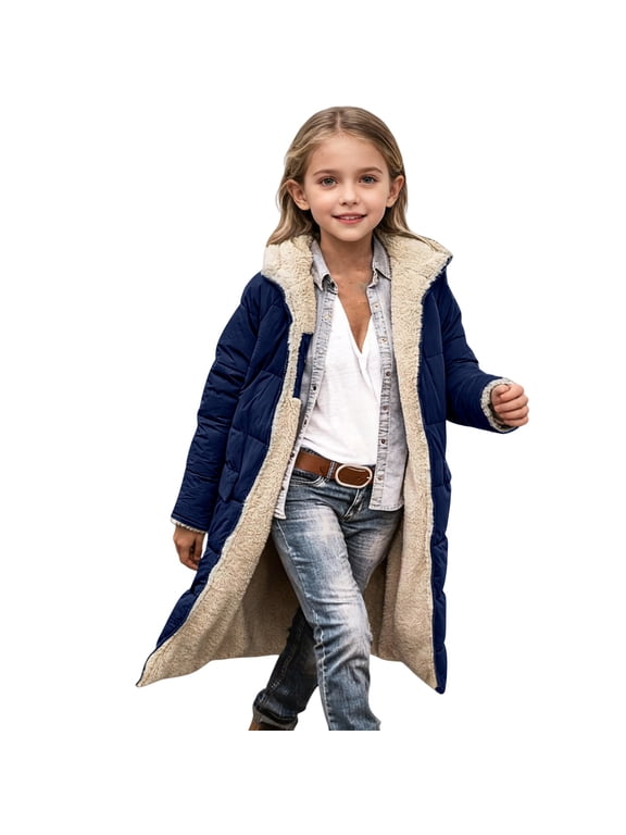 Kid Girls Sherpa Fleece Lined Jacket Oversized Shearling Reversible Long Puffer Down Coat Winter Warm Outerwear (Navy, 7-8 Years)