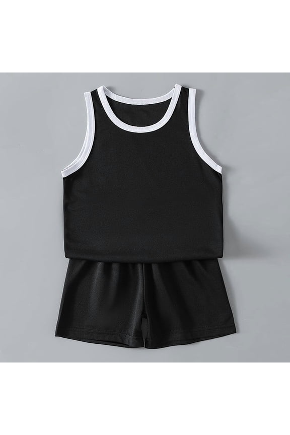 Kids 2 Piece Basketball Uniform Set Performance Jersey and Shorts with White Trim Quick Dry Sports Outfit (Black, 18-24 Months)