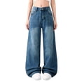 thumbnail image 1 of GiLiling Kids Baggy Jeans for Boys Girls, Wide Leg Vintage Wash Denim Pants, High Elastic Waist Y2K Casual Cargo Pocket Trousers (Dark Blue, 16-17 Years), 1 of 3
